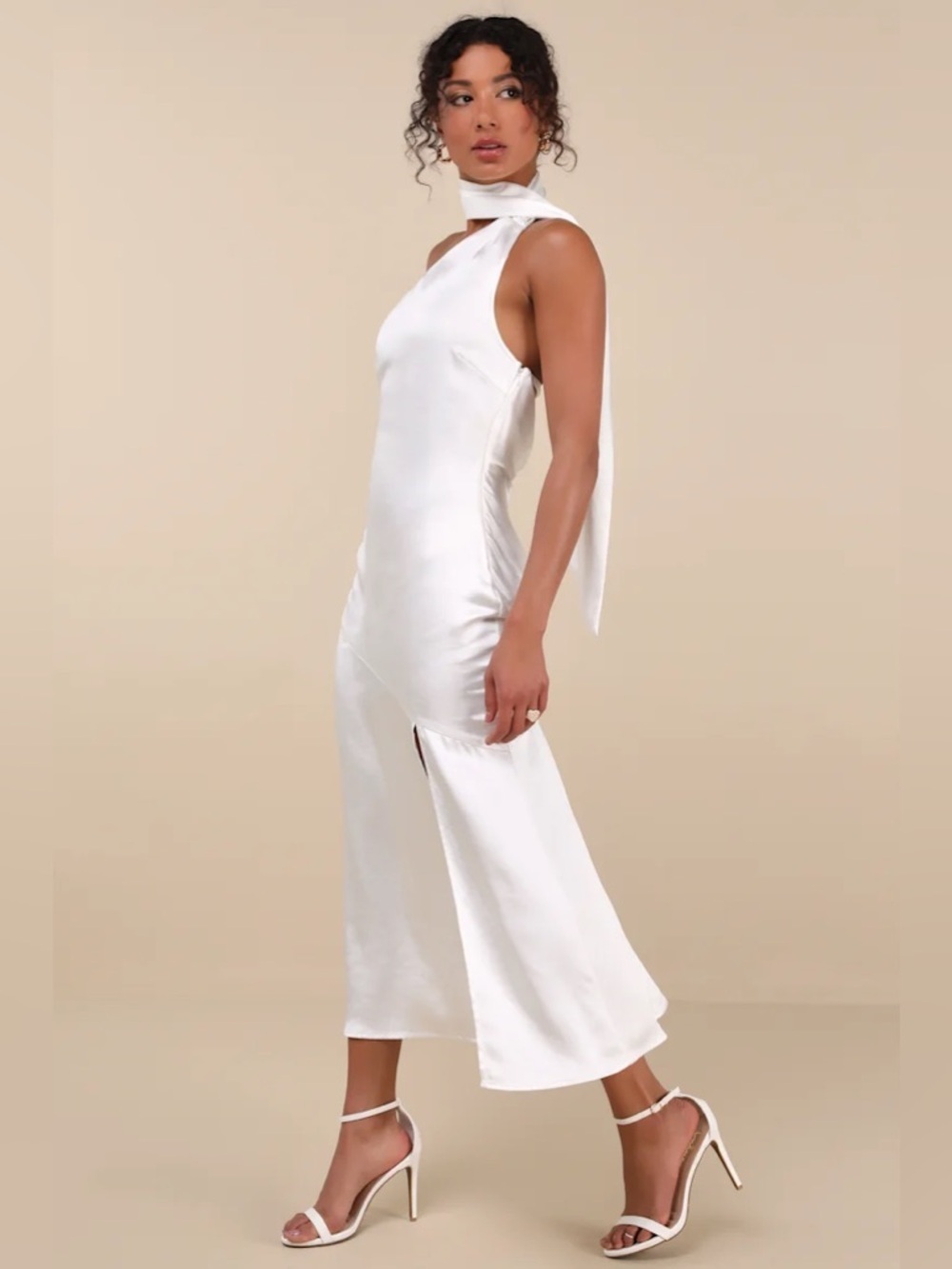 Lulus Reglan White Satin One-Shoulder Sash Midi Dress - Picture 3 of 10